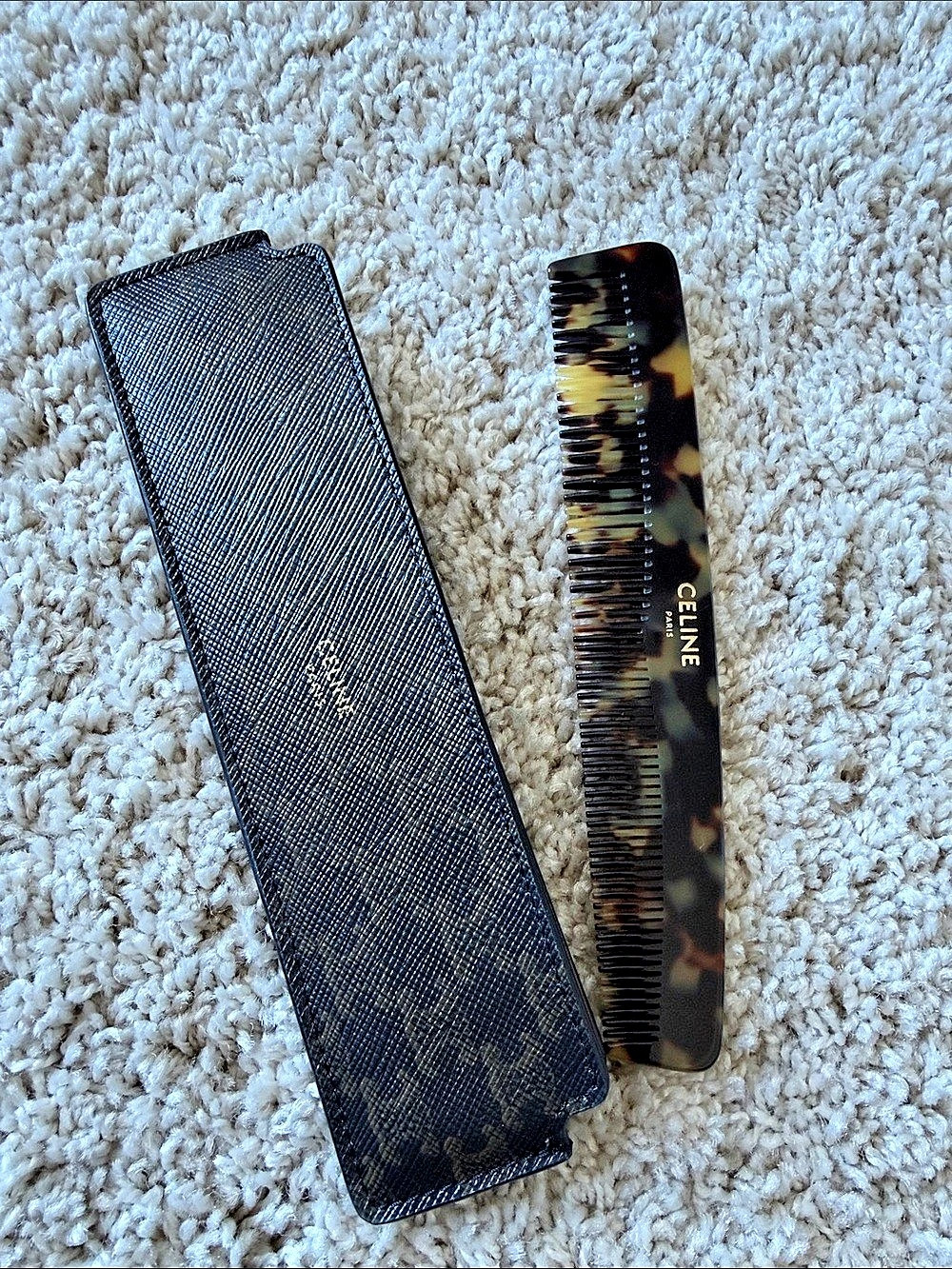 CELINE Vintage Macadam Pocket Comb with Case Brown & Black